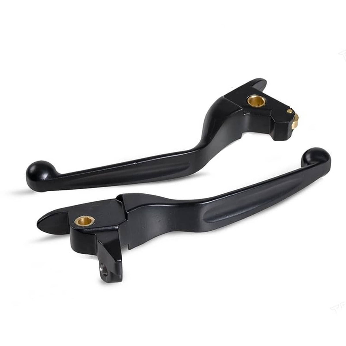 Black brake and clutch lever set with gold-bolted pivot mounts and long curved arms