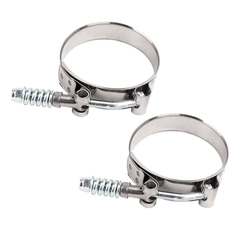 Two silver intercooler hose clamps with spring-loaded worm screws, side-by-side.
