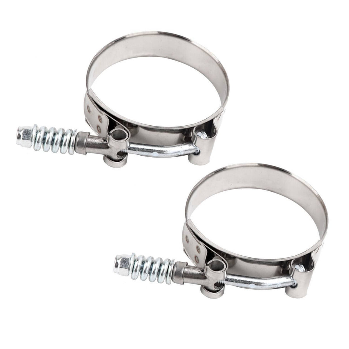 Two silver intercooler hose clamps with spring-loaded worm screws, side-by-side.