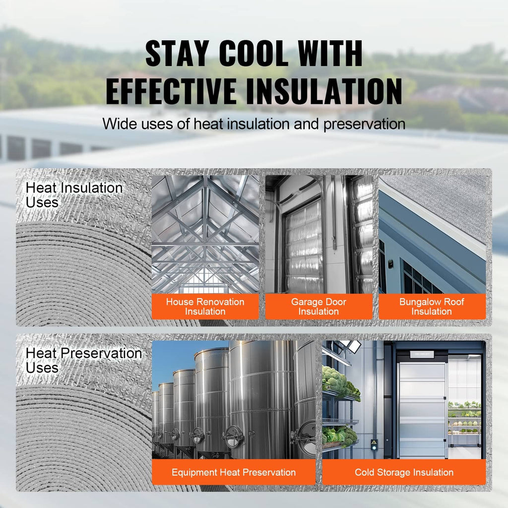 Reflective insulation material roll with examples of heat insulation use areas