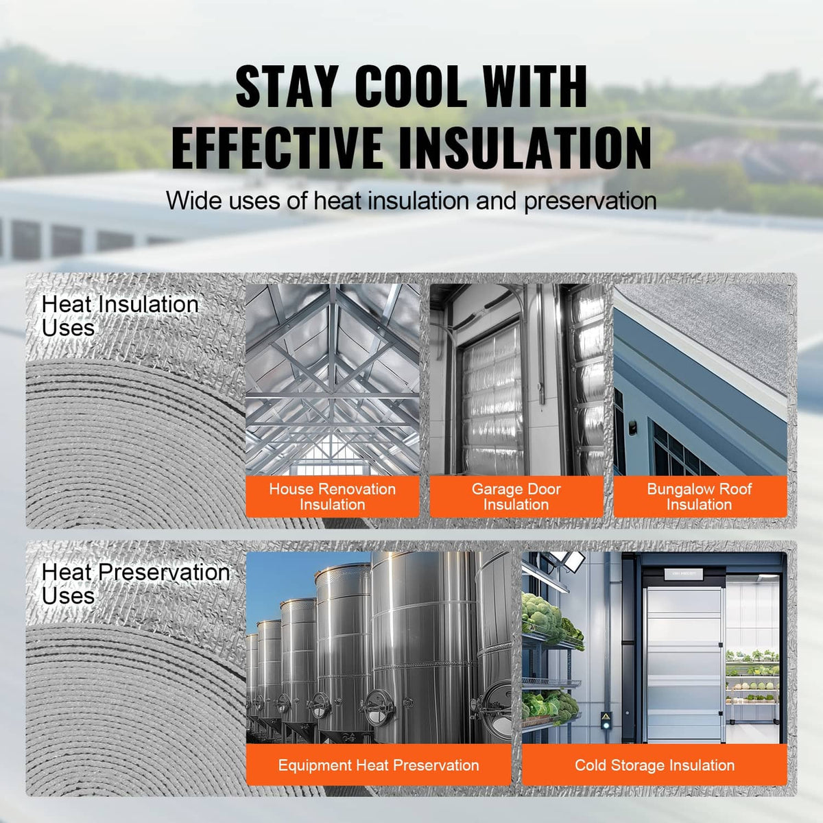 Reflective insulation material roll with examples of heat insulation use areas