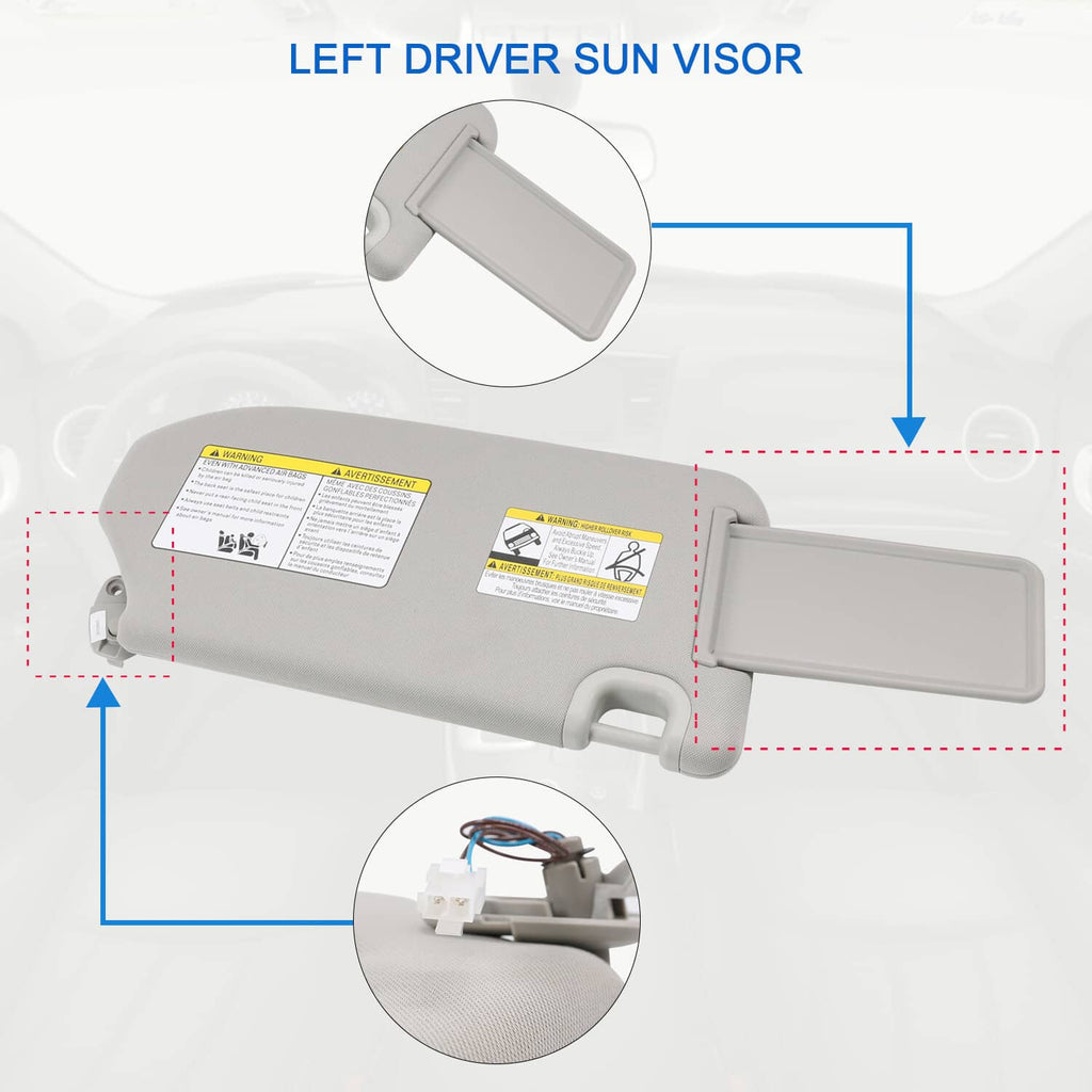 Light gray left driver sun visor assembly with labeled electrical unit