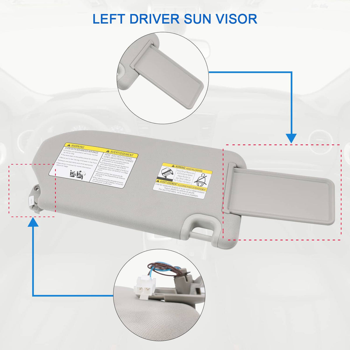 Light gray left driver sun visor assembly with labeled electrical unit