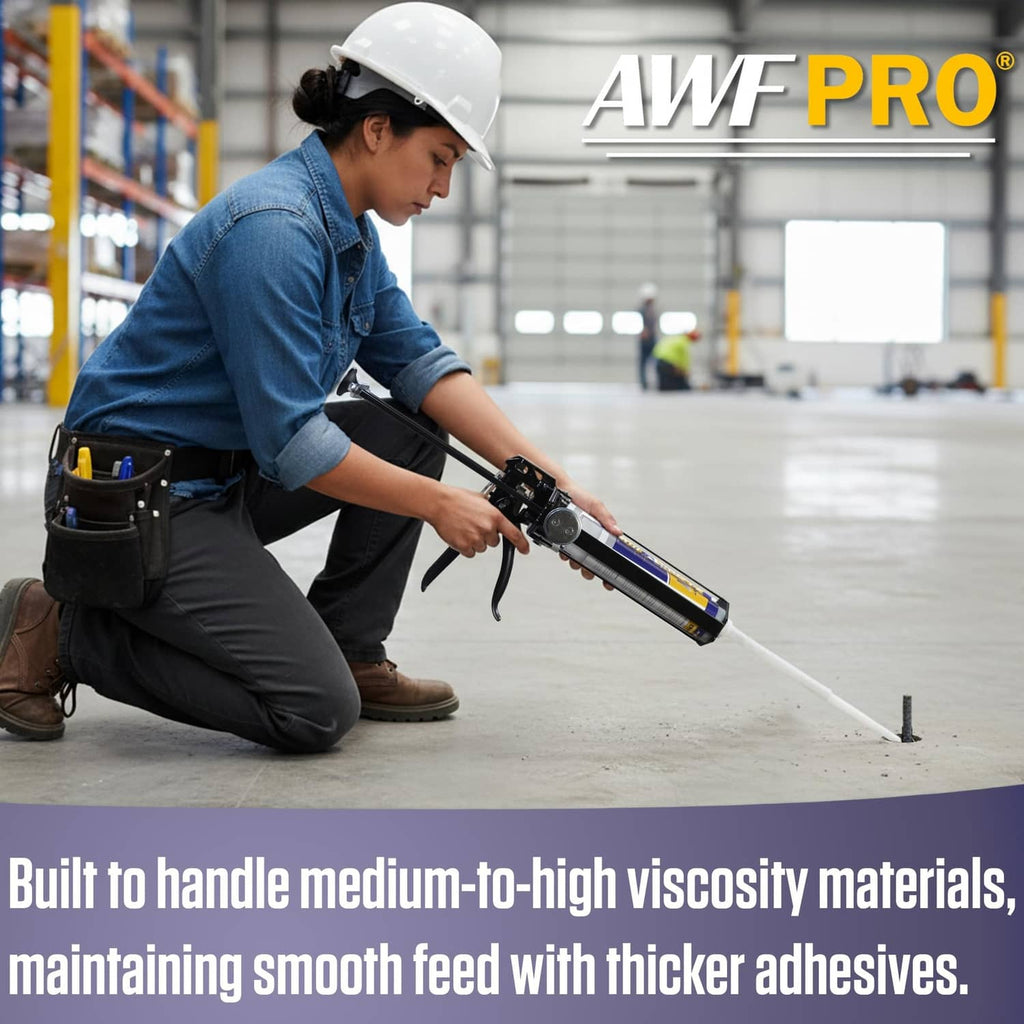 Black dual-cartridge epoxy gun with white nozzle, used by worker applying to wall