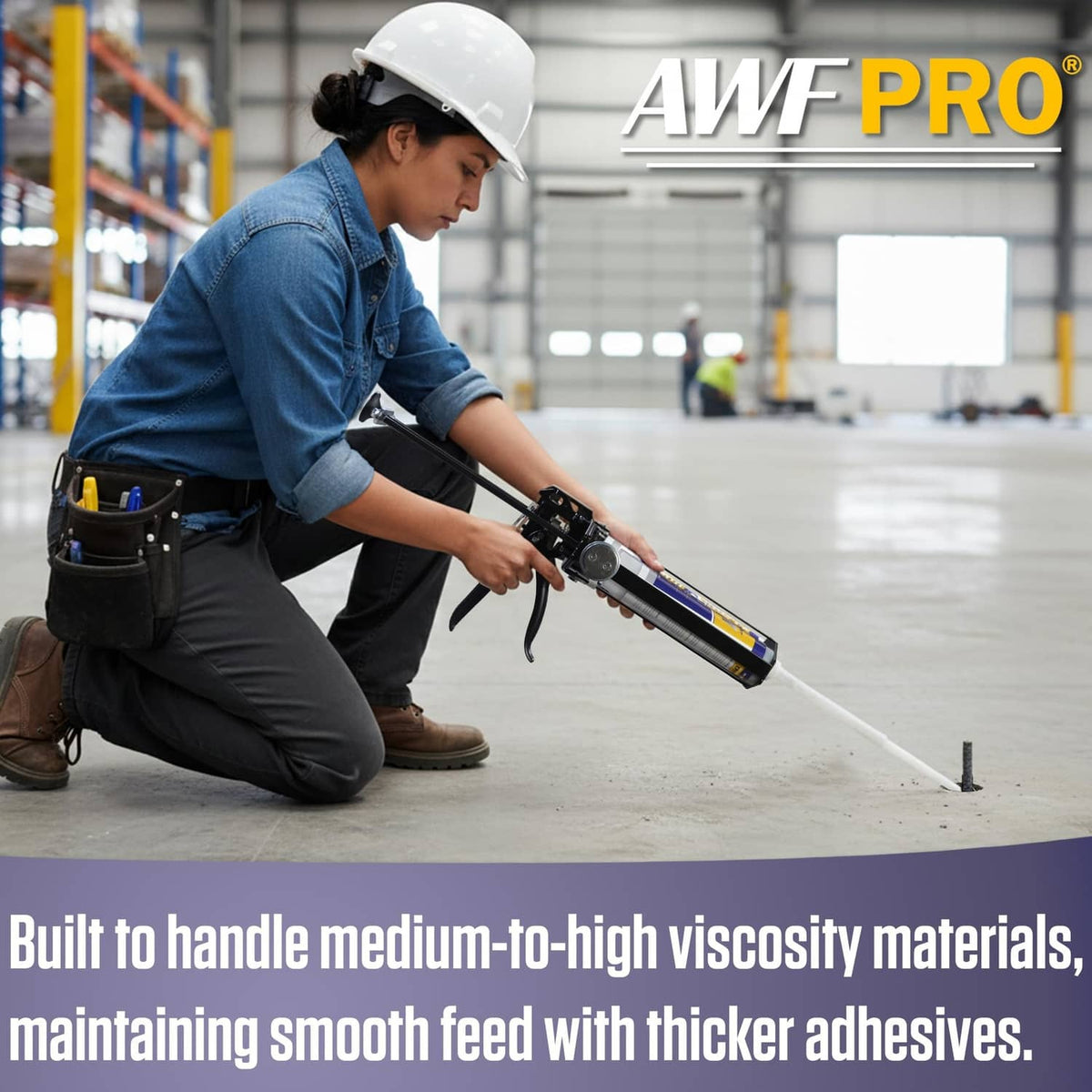 Black dual-cartridge epoxy gun with white nozzle, used by worker applying to wall