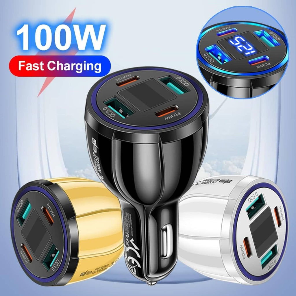100W car phone charger adapter with blue voltmeter in black, gold, and white