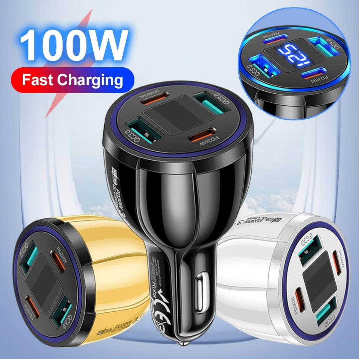 100W car phone charger adapter with blue voltmeter in black, gold, and white
