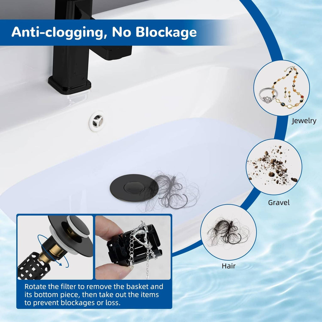 Matte black pop-up sink drain cover with strainer insert on a bathroom basin