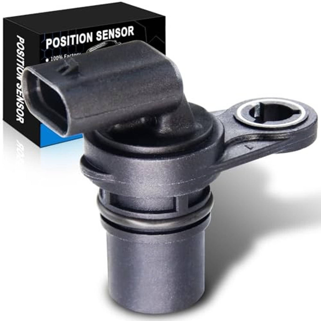 Camshaft position sensor with black connector housing and circular metal mounting tab