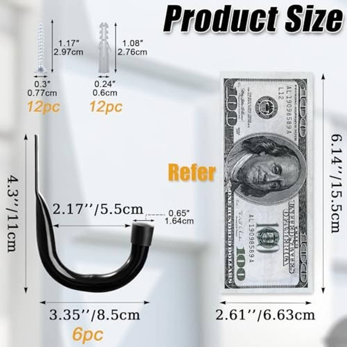 Black metal U-shaped wall hook side profile with mounting plate diagram