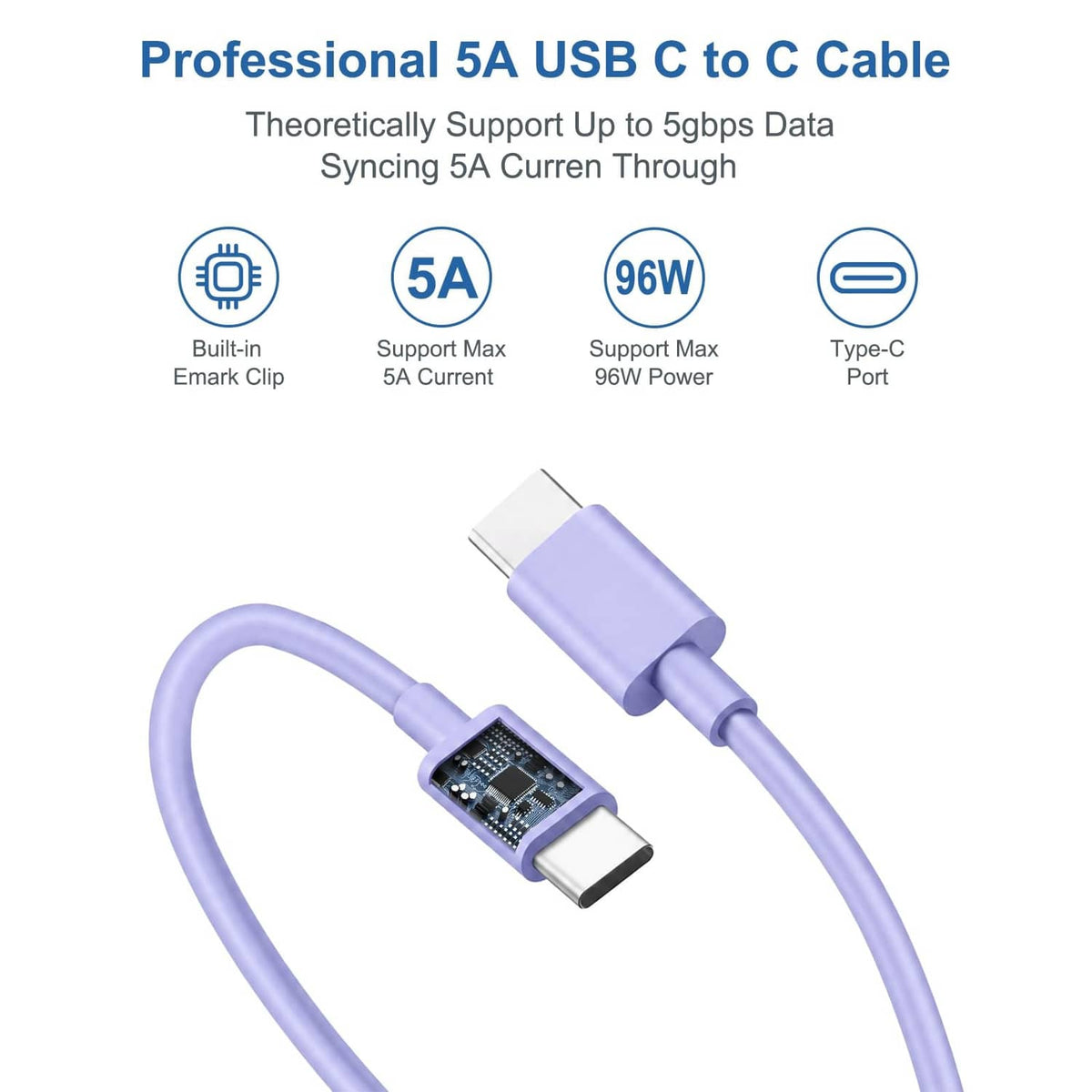 Purple USB-C to C charging cable with USB-C connector and Type-C plug