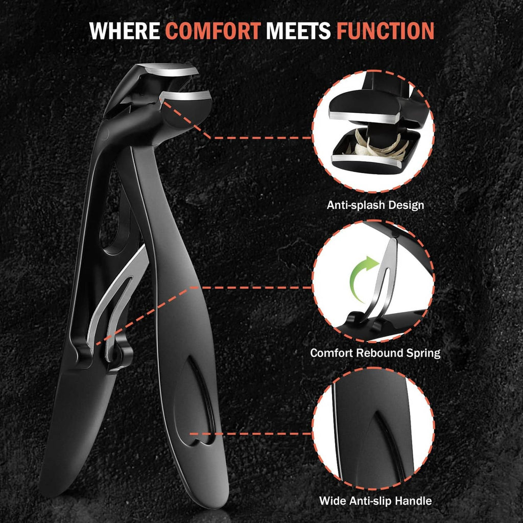 Black angled toenail clipper showing anti-splash design and rebound spring handle