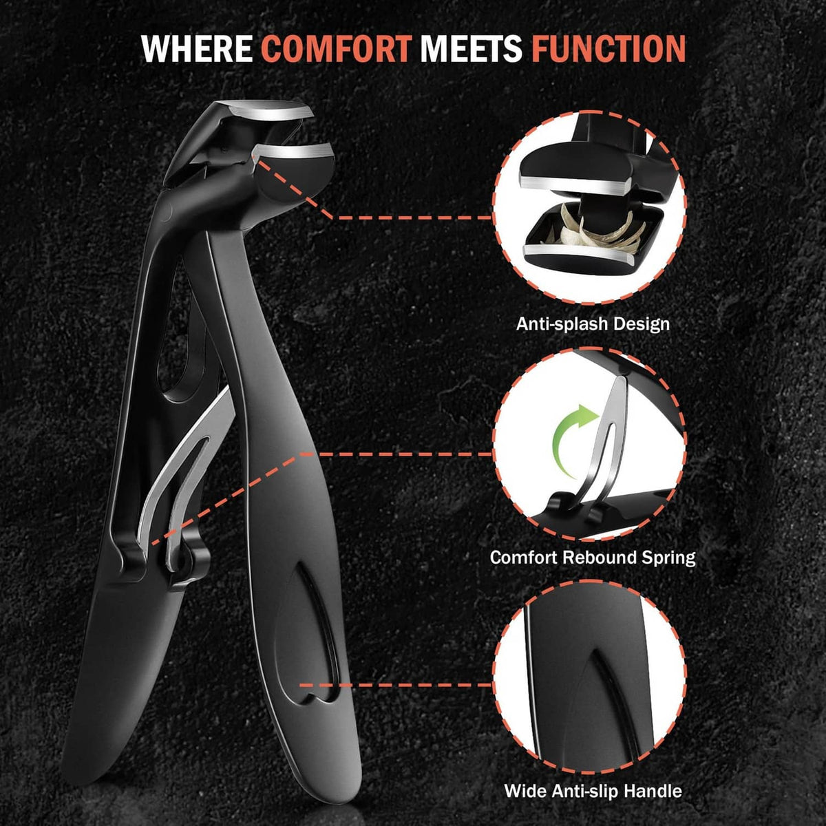 Black angled toenail clipper showing anti-splash design and rebound spring handle