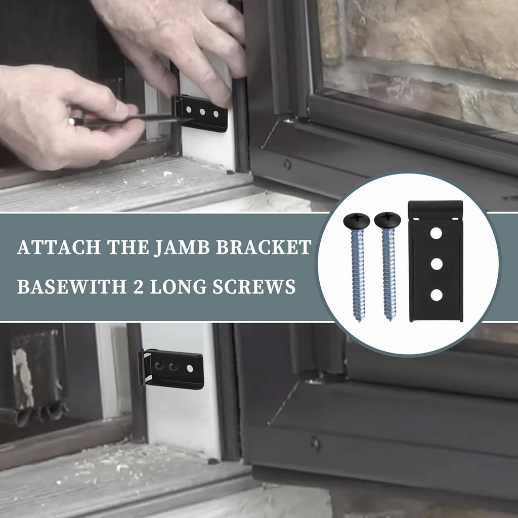 Black storm door closer bracket installed on door frame with screws