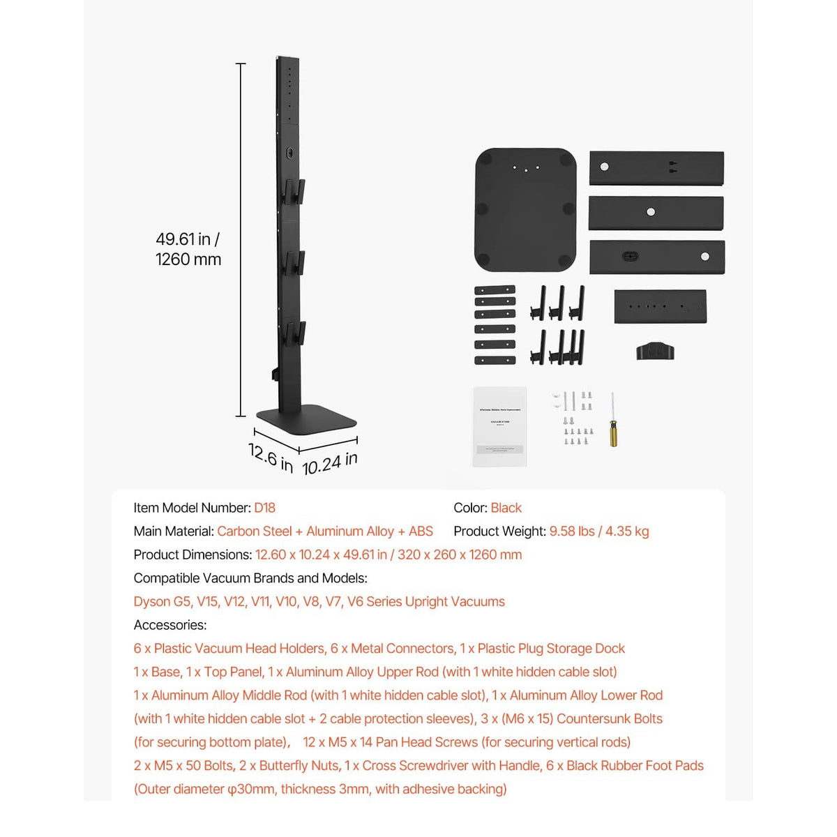 Black vacuum stand storage kit with mounting panel, base, hooks, and screws