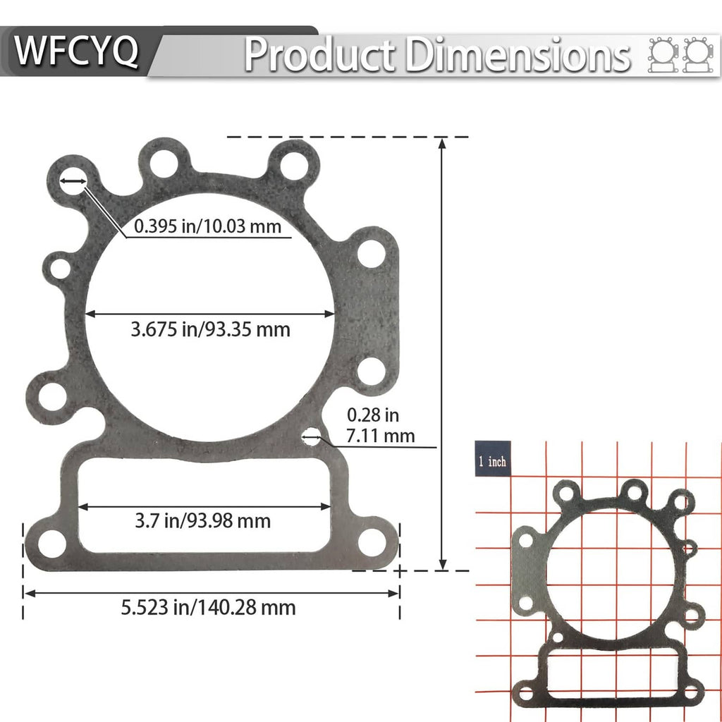 Cylinder head gasket set with measurement diagram and scale, gray metal gaskets