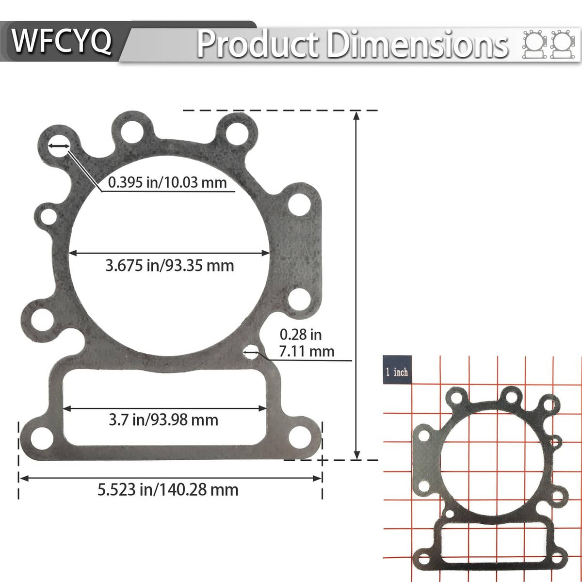 Cylinder head gasket set with measurement diagram and scale, gray metal gaskets
