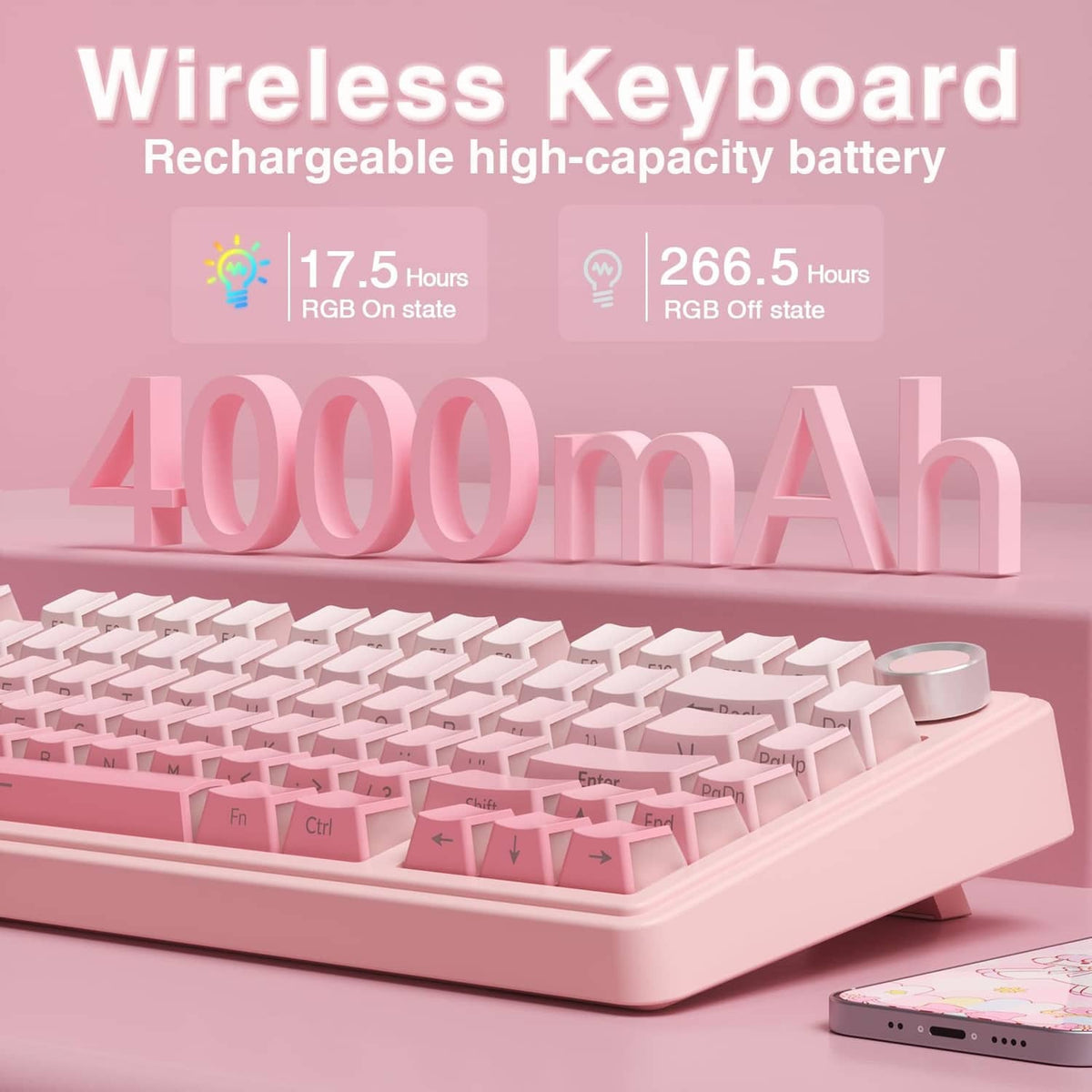 Pink wireless mechanical keyboard angled view with RGB keycaps and right control knob