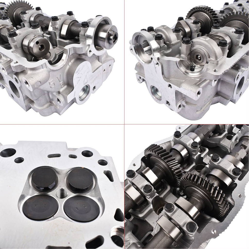Engine cylinder head assembly with camshafts and gear train, silver metal finish