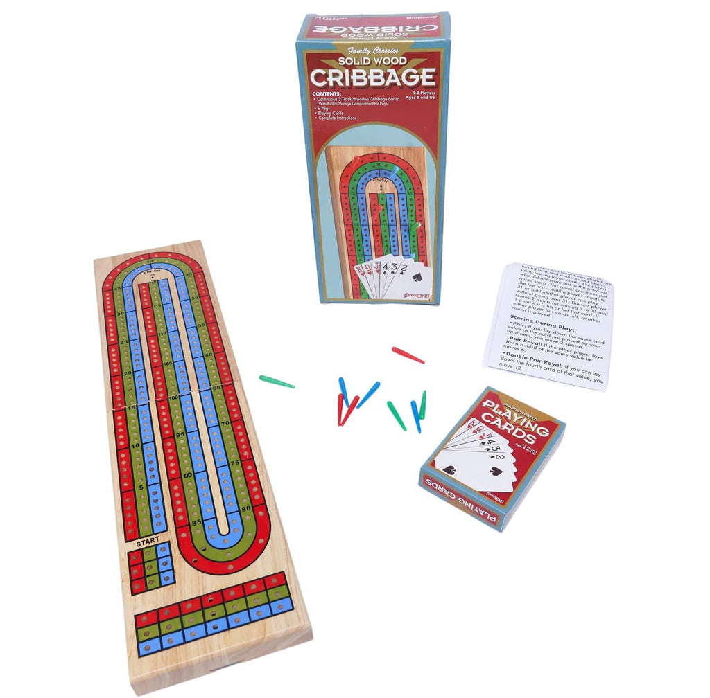 Cribbage game set with wooden board, playing cards, instruction sheet, and pegs