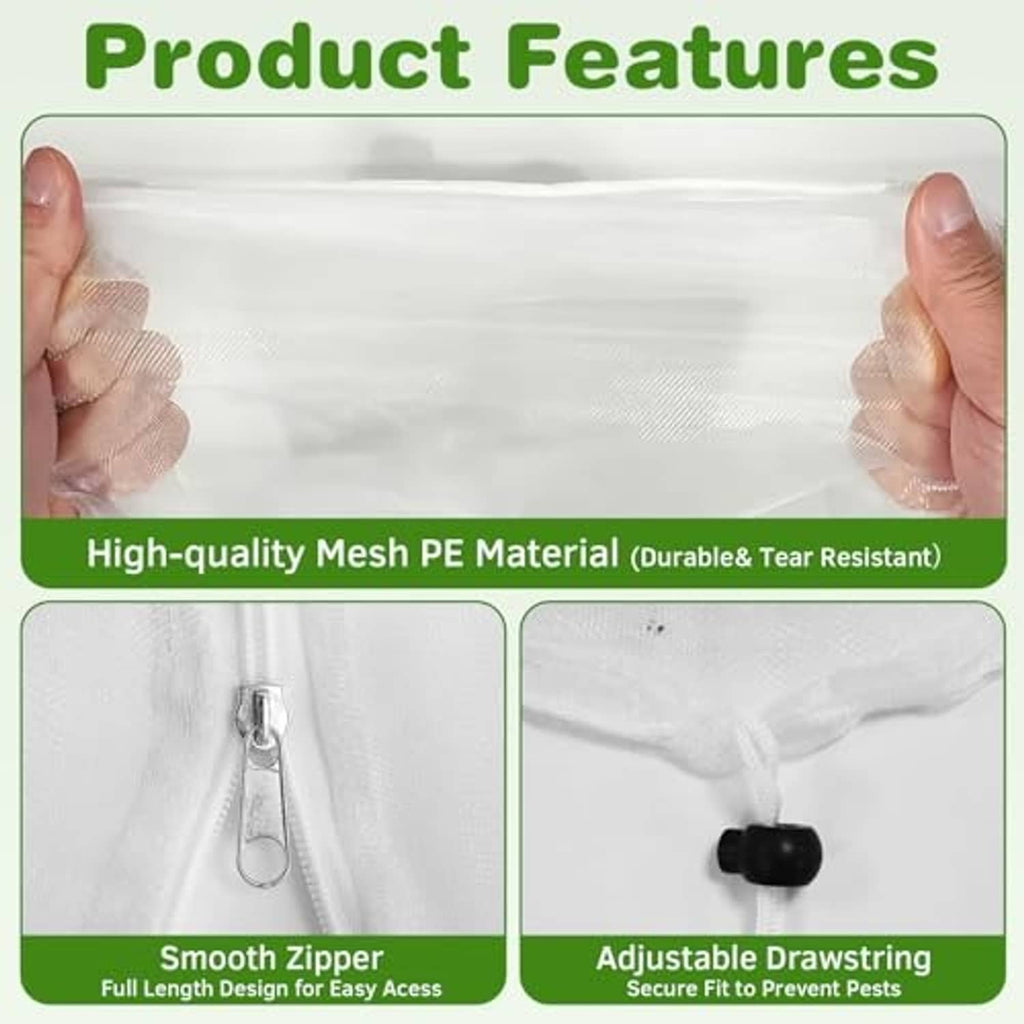 White mesh bag section with zipper and adjustable drawstring cords