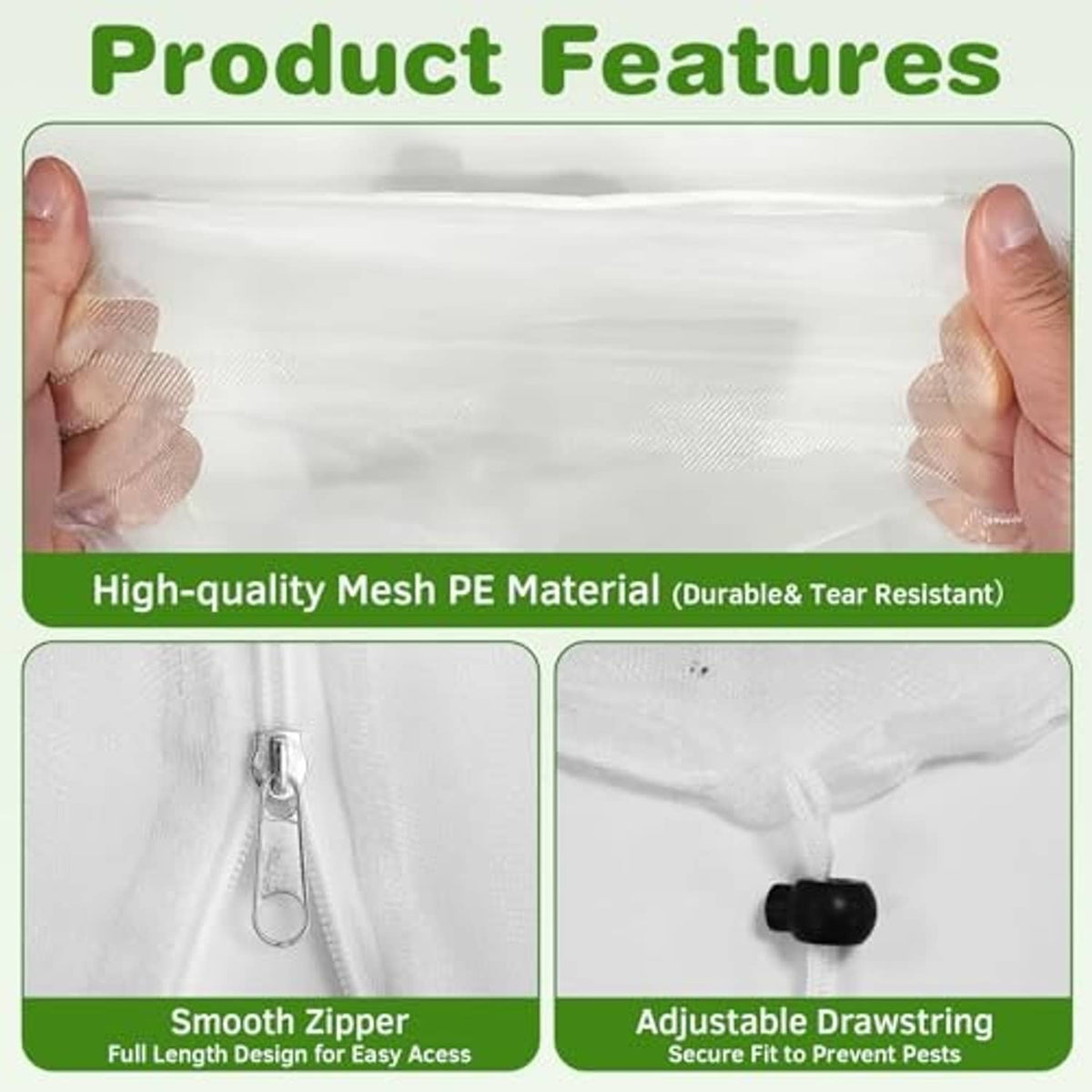 White mesh bag section with zipper and adjustable drawstring cords