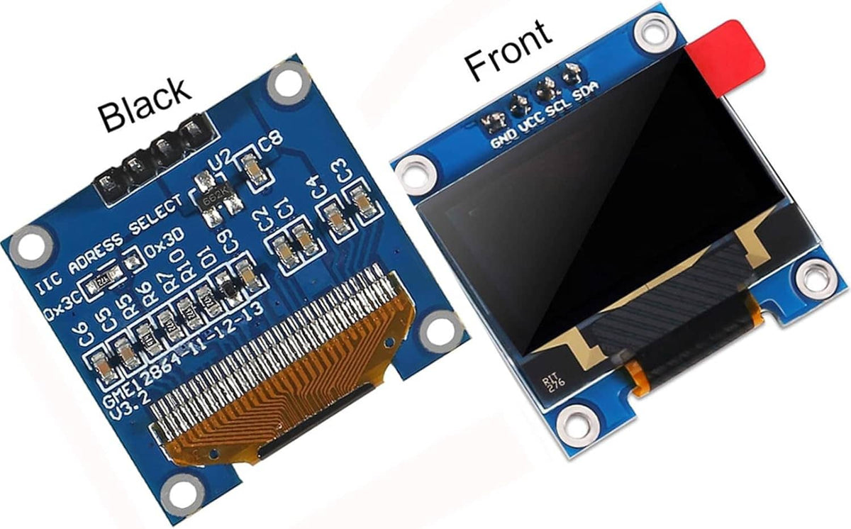 OLED SSD1306 module shown from two sides: black 128x64 screen and rear circuitry.