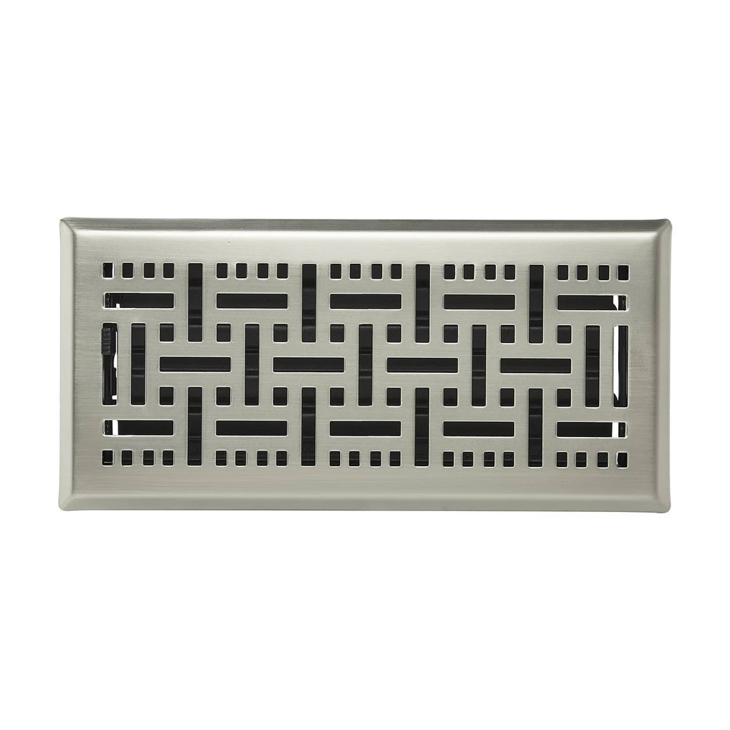 Close-up of nickel-plated floor register vent with rectangular geometric grille