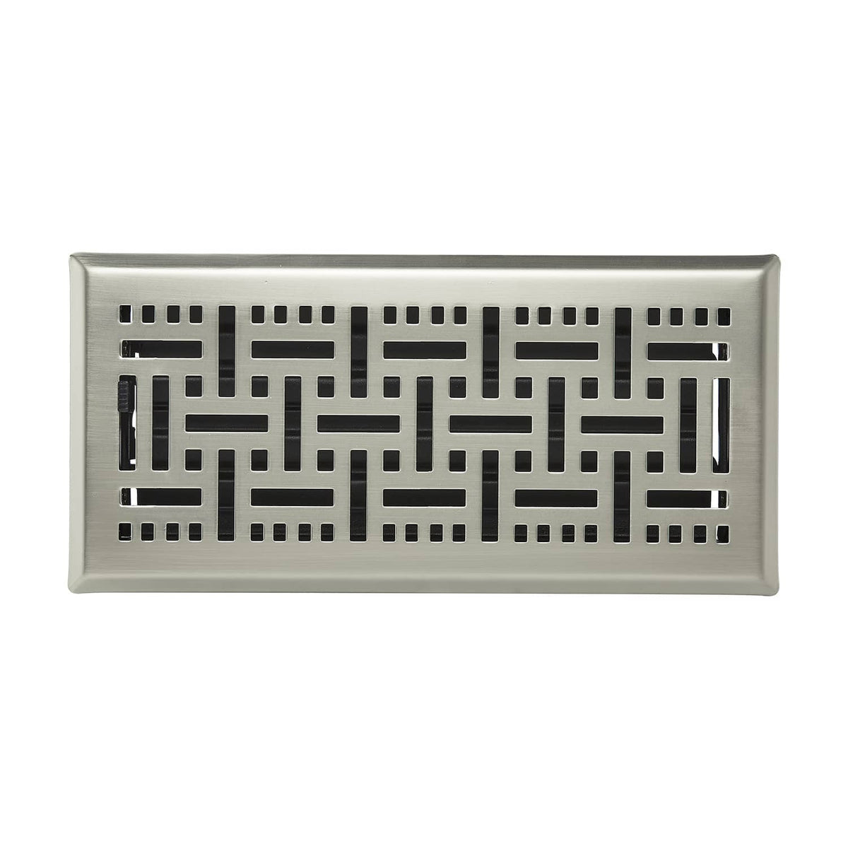 Close-up of nickel-plated floor register vent with rectangular geometric grille