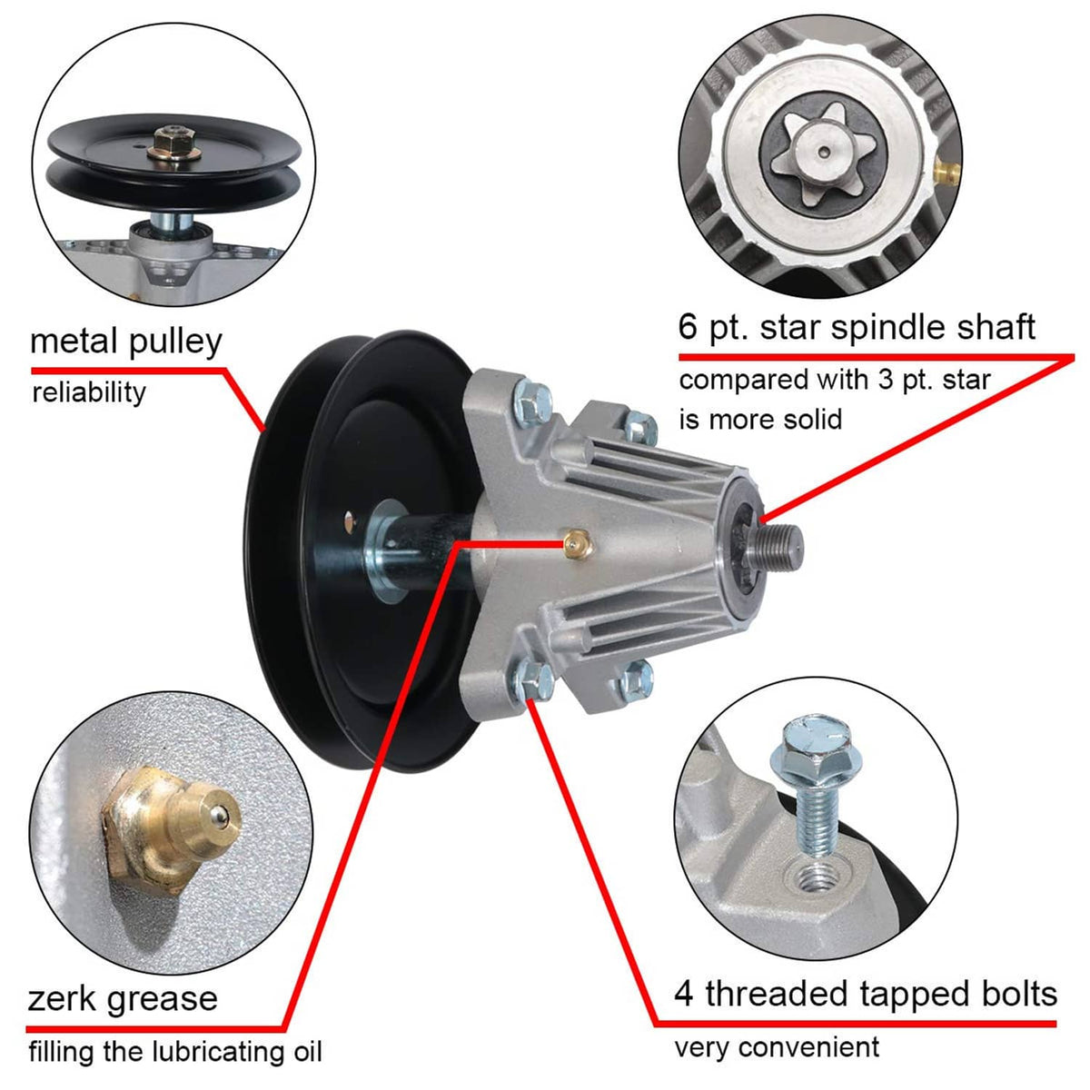 Deck spindle assembly with black pulley and star-shaft detail, threaded mounting bolts