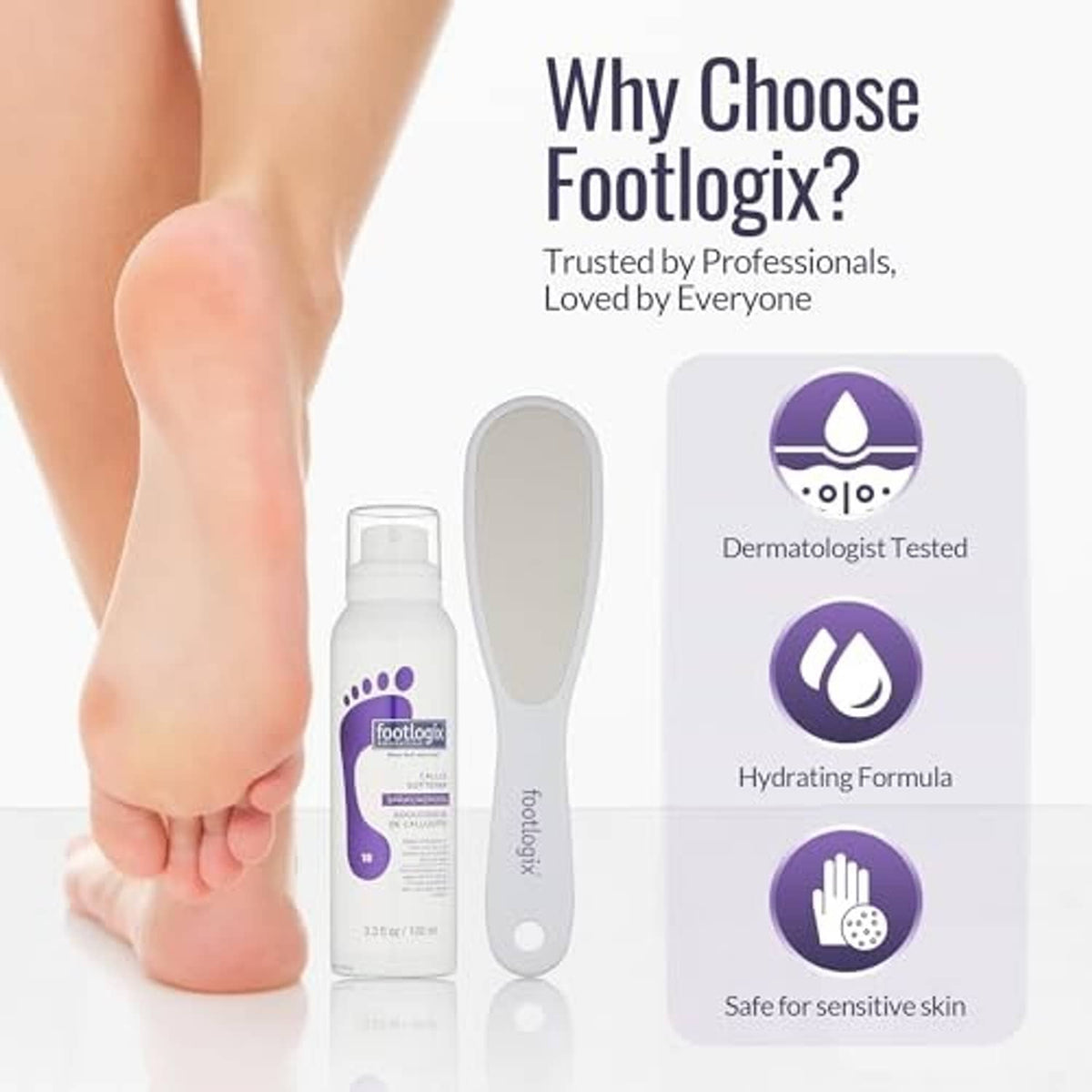Foot heel with callus softener spray bottle and stainless-steel foot file