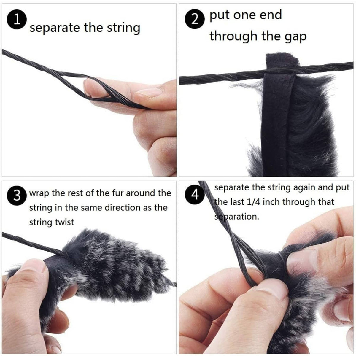 Step-by-step diagram for attaching fuzzy bow string silencers to a string