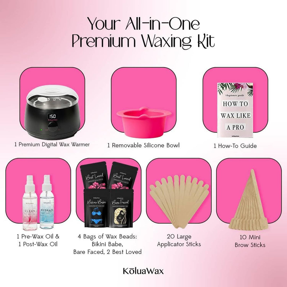 KoluaWax premium waxing kit components: digital wax warmer, silicone bowl, guide and extras