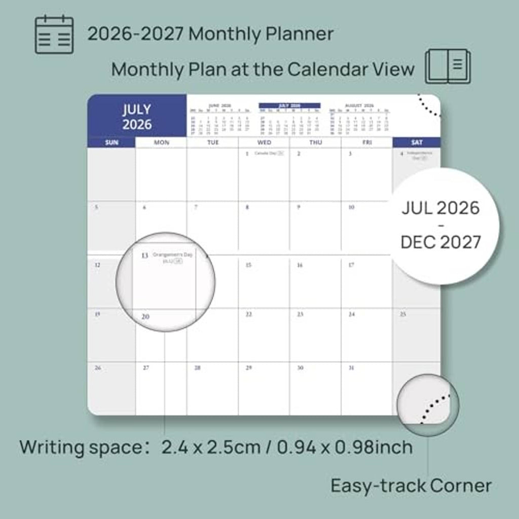 2026–2027 monthly planner calendar with writing space and JUL 2026–DEC 2027 label