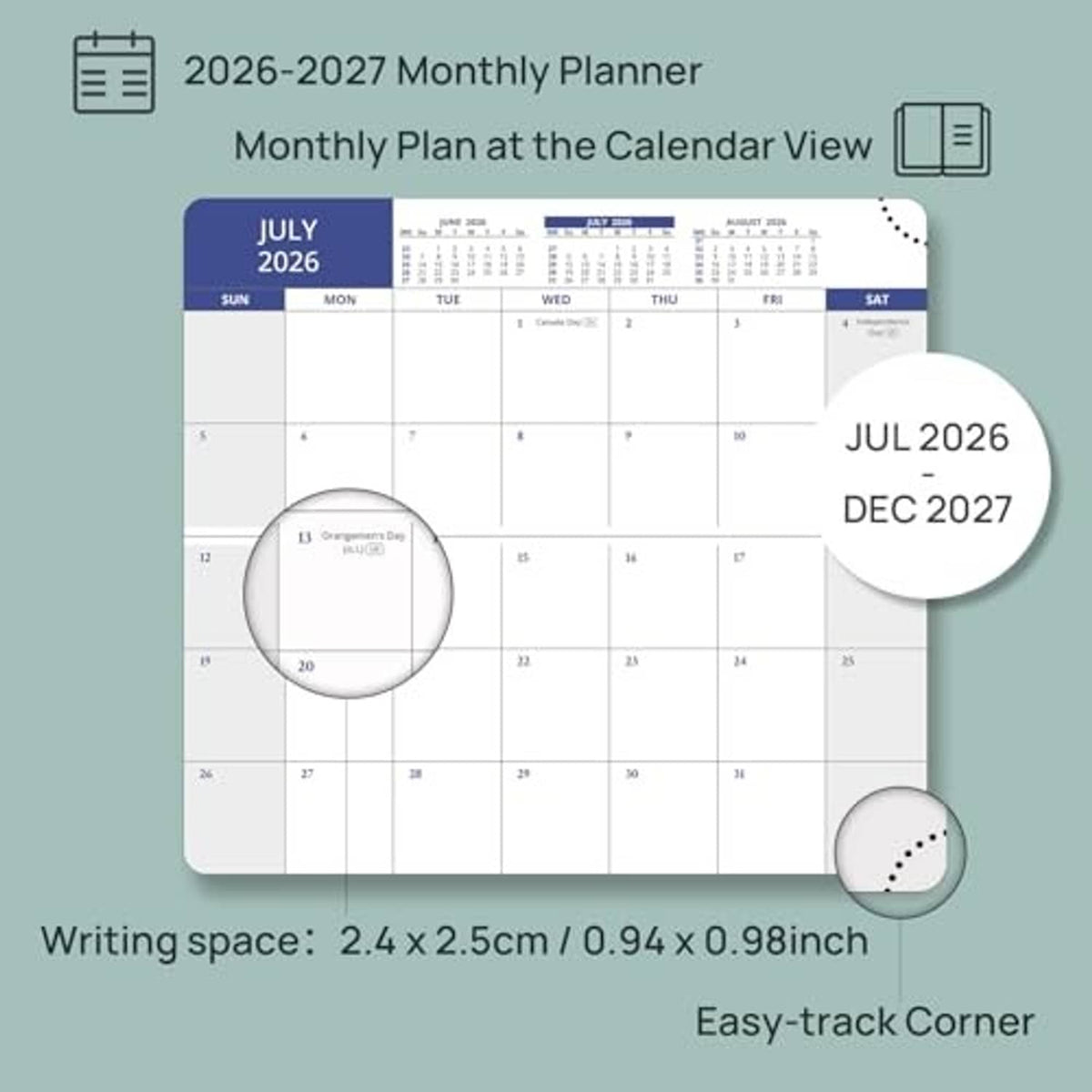 2026–2027 monthly planner calendar with writing space and JUL 2026–DEC 2027 label