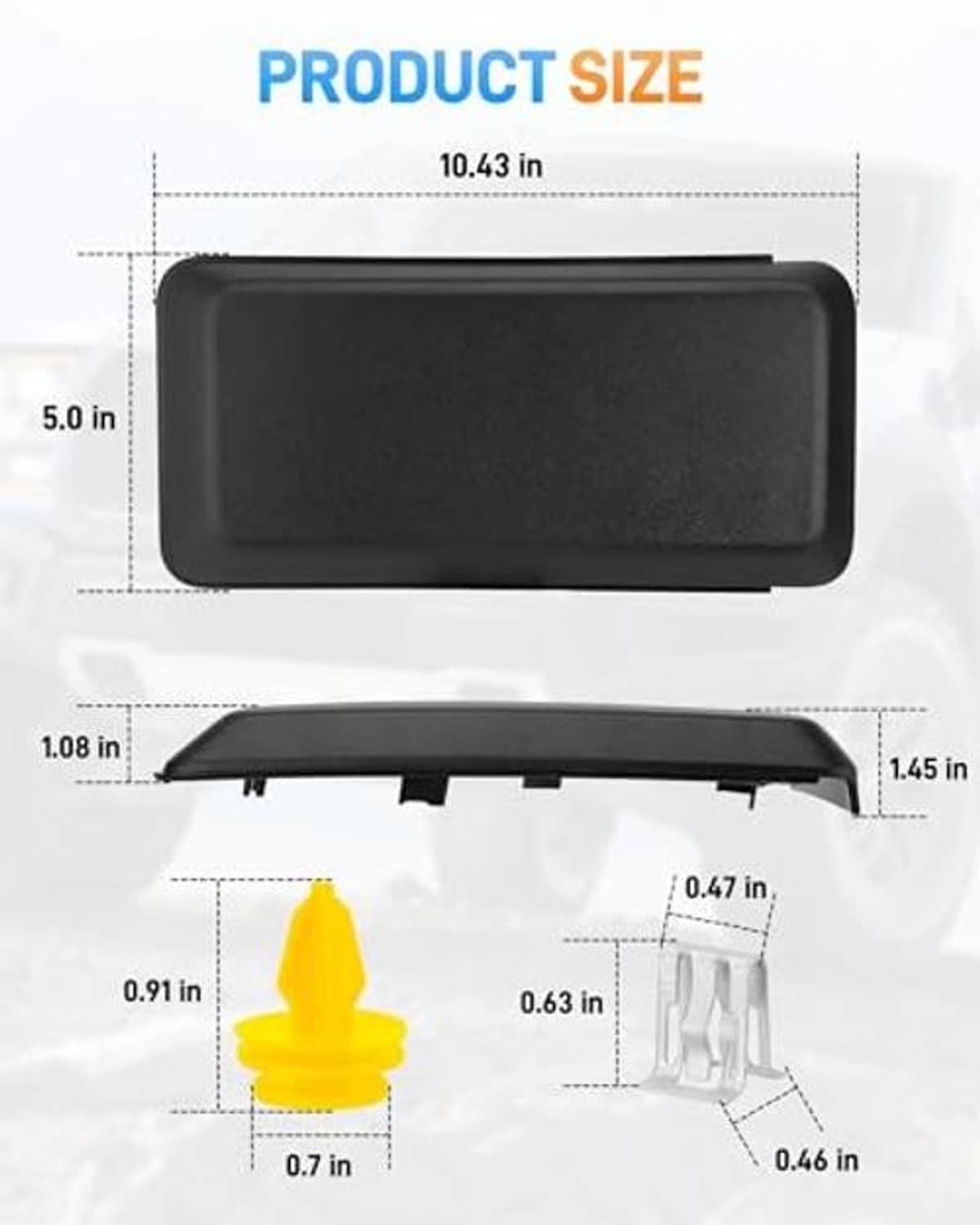 Black front bumper guard pad cover with yellow mounting tab (size detail)