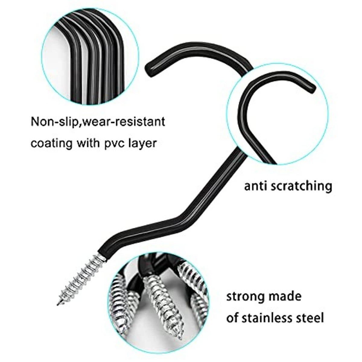 Black PVC-coated anti-scratch steel bike hooks with mounting screws, non-slip surface