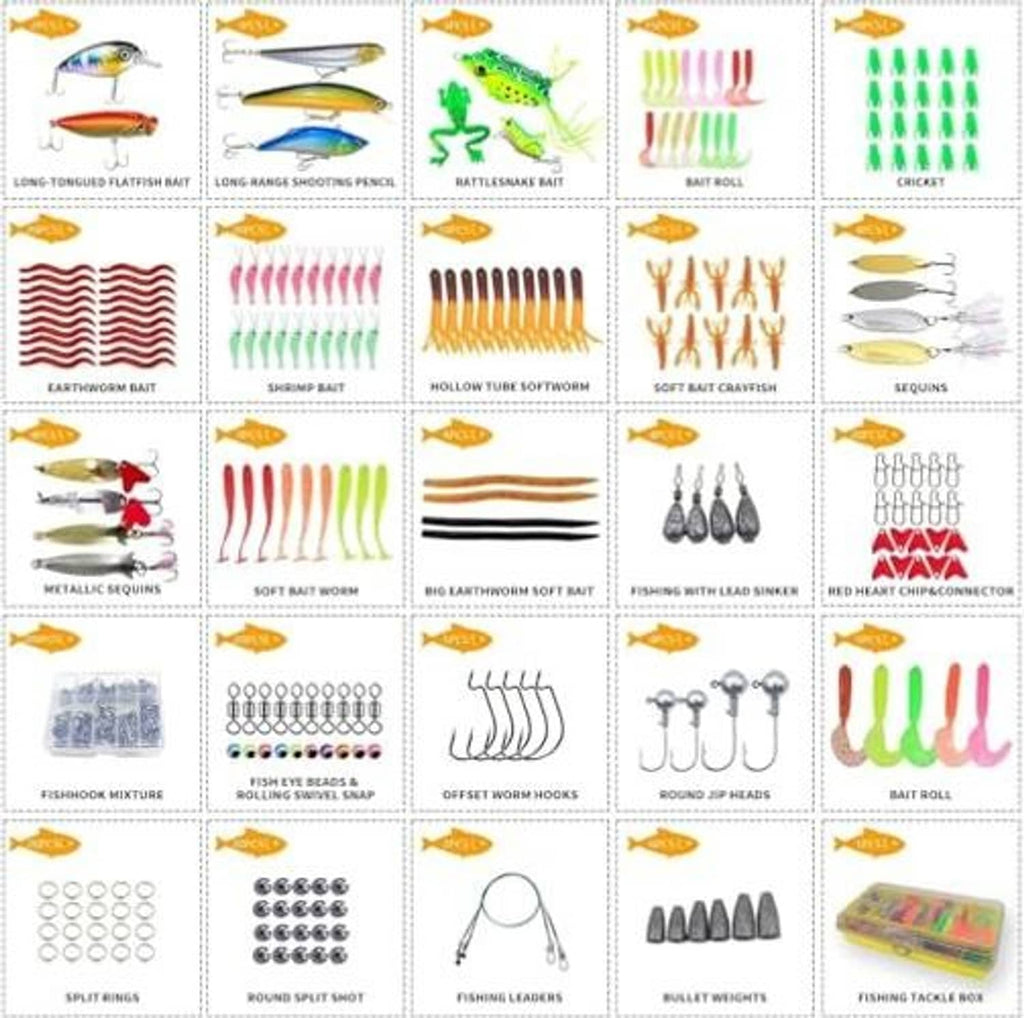 Fishing lure kit assortment card showing various lure shapes and colors in a grid