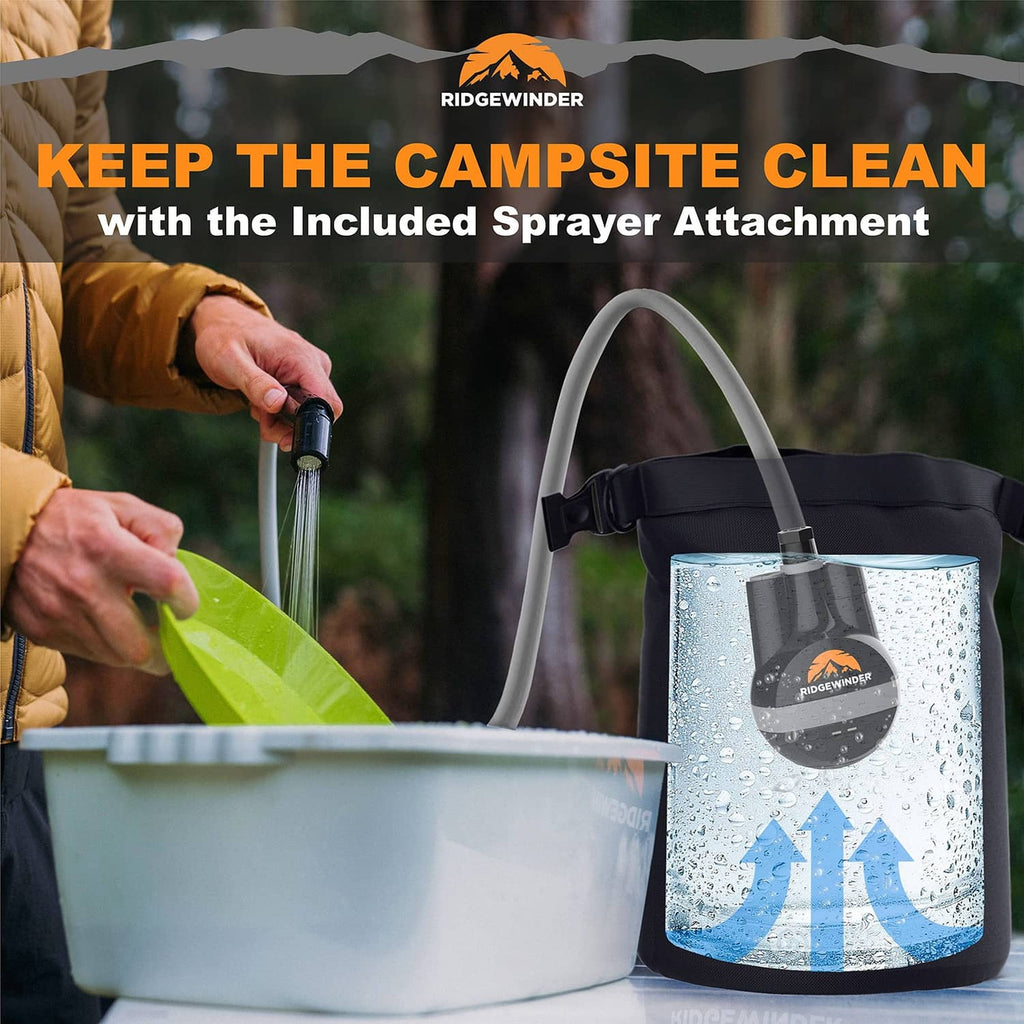 Portable camp shower dry bag with spray hose and nozzle attachment connected to a tub