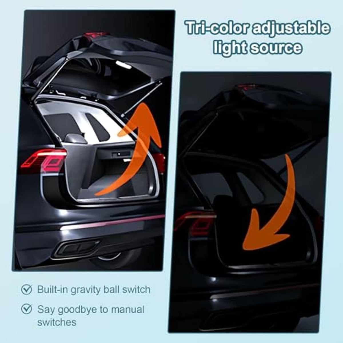 Tri-color adjustable LED trunk light with built-in gravity switch