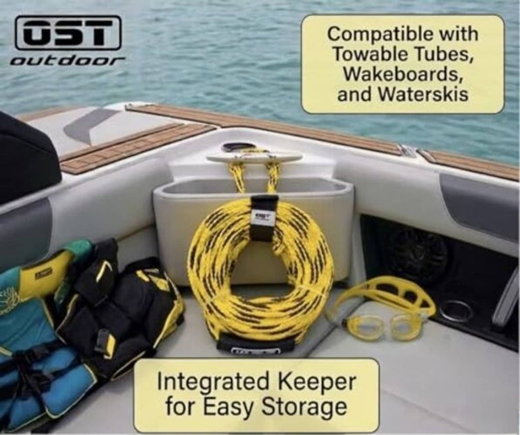 Yellow tow rope neatly stored in integrated keeper on a boat deck