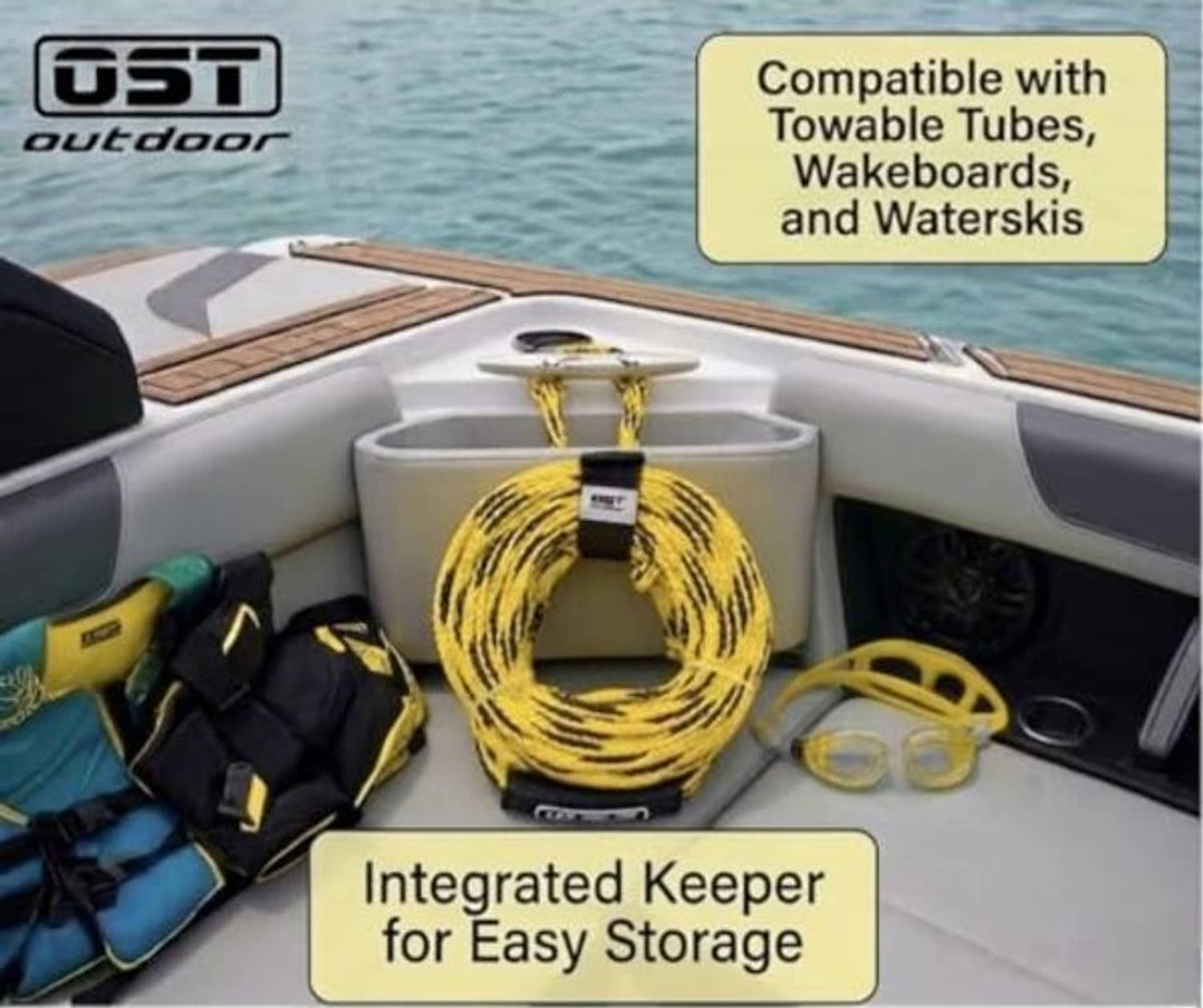 Yellow tow rope neatly stored in integrated keeper on a boat deck