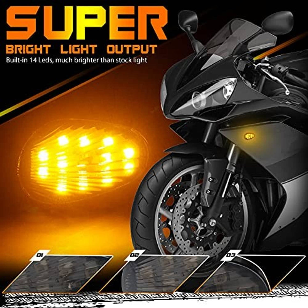 Smoked-lens LED turn signal on motorcycle front, amber illuminated