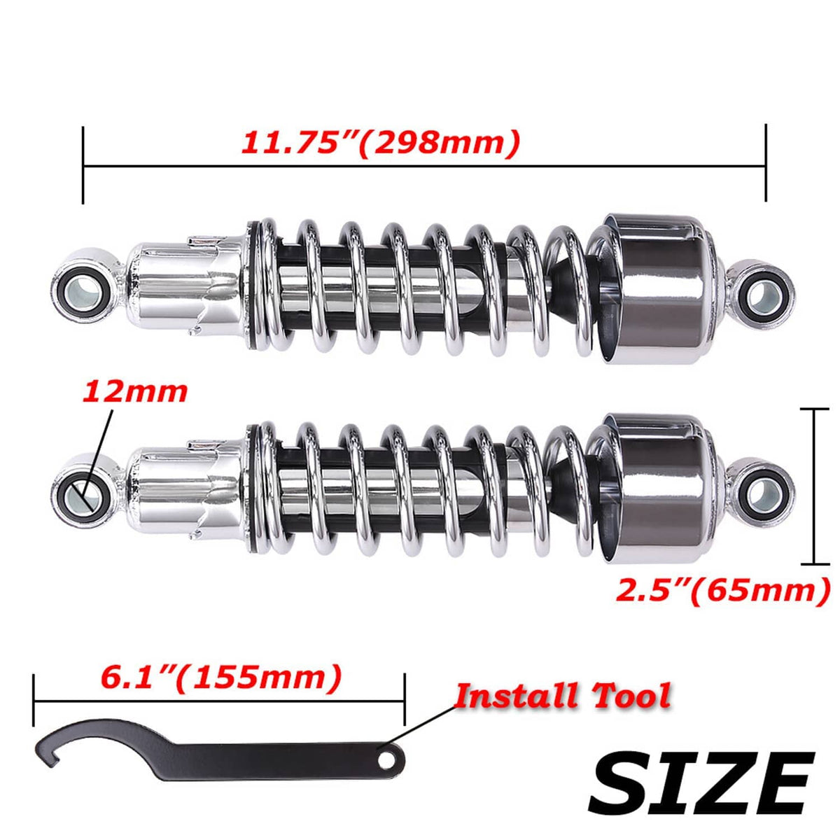 Rear shock size diagram showing 11.75 in length and included install tool