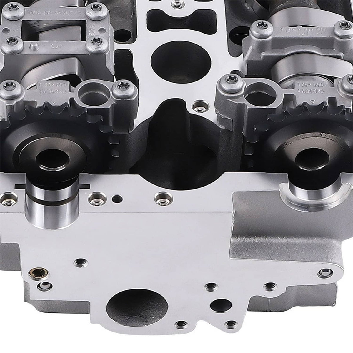 Aluminum cylinder head close-up of valve lifter bores and mounting bosses