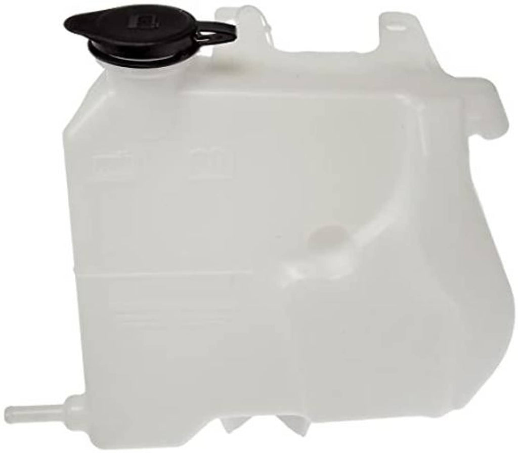 Non-pressurized coolant reservoir with black cap, white tank with molded mounting tabs