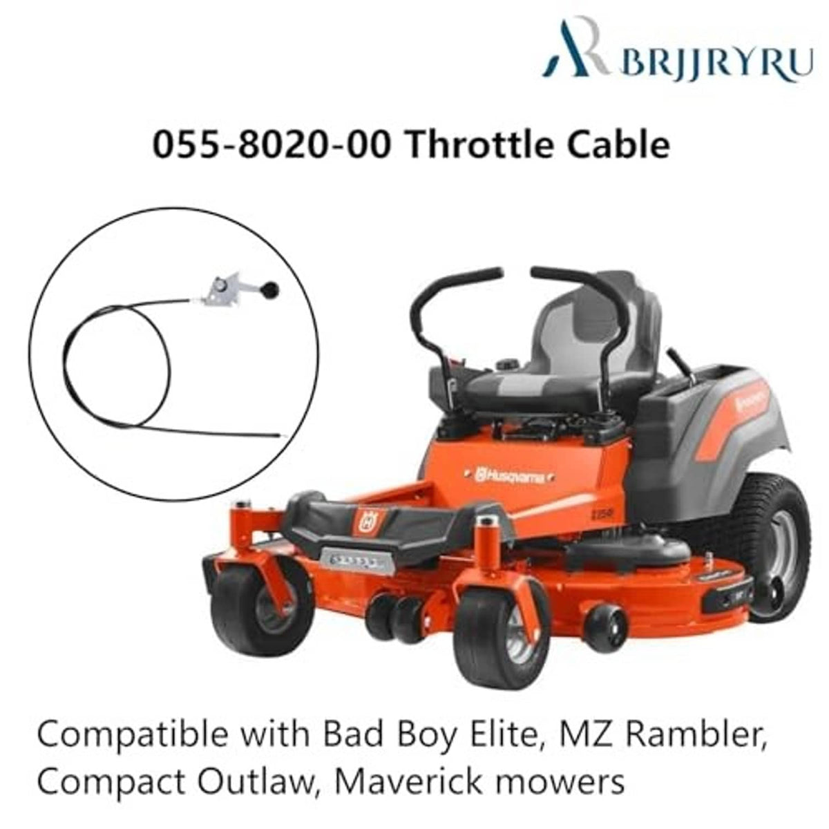 Throttle cable kit with metal bracket and round black knob, shown with orange mower
