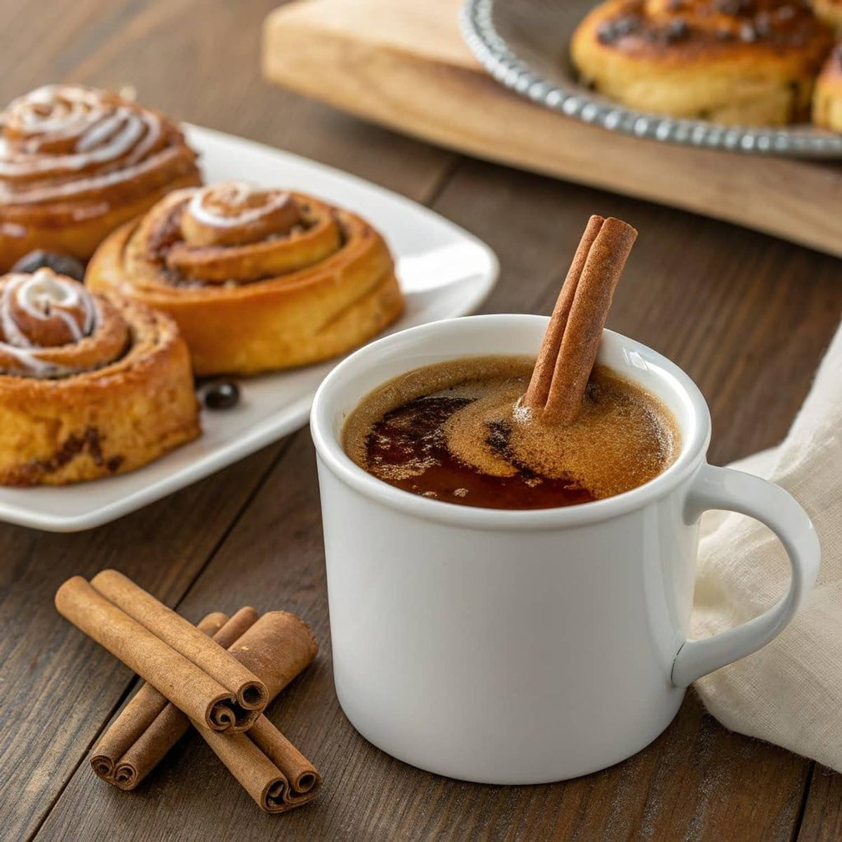 White mug of maple-flavored coffee with cinnamon sticks on a wooden table