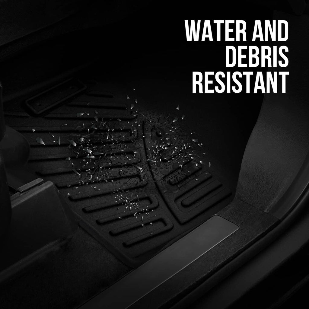Black molded floor mat with raised channels designed to resist water and debris