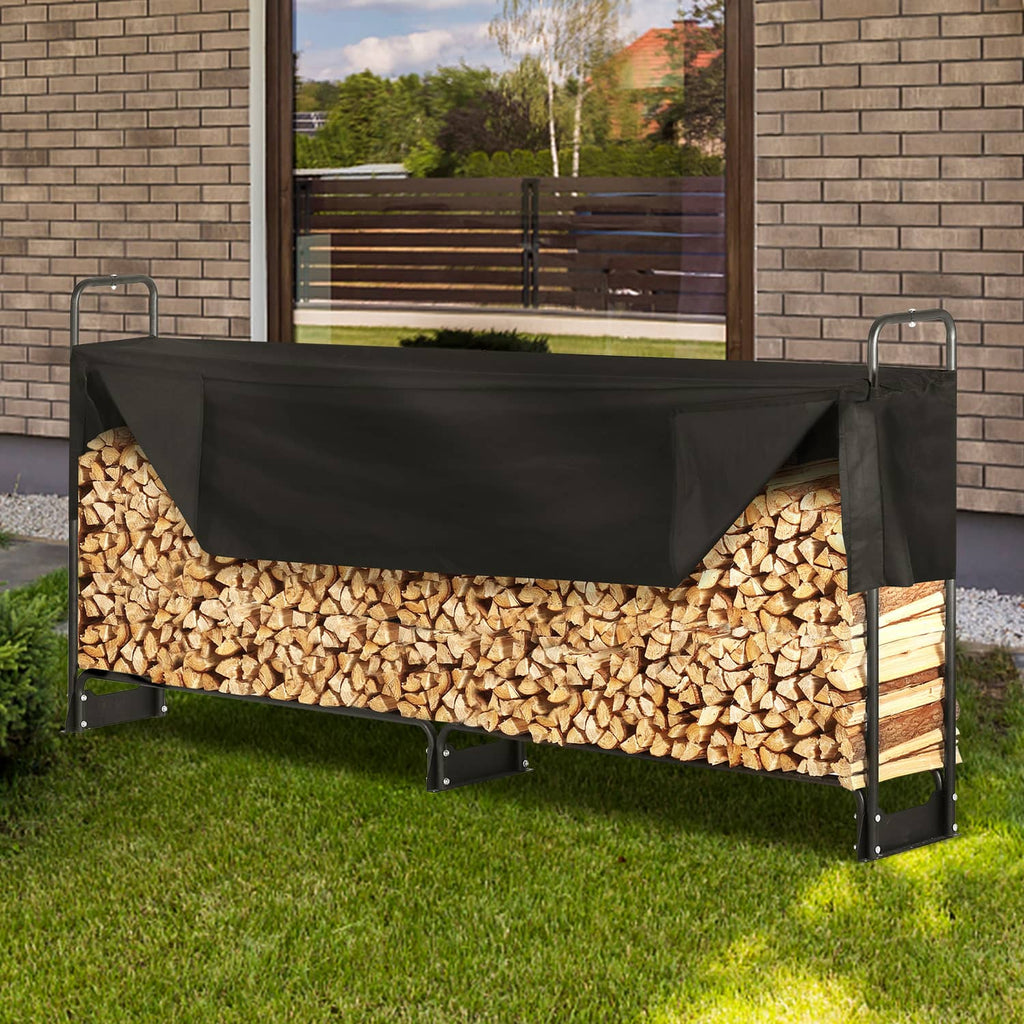 Outdoor firewood rack with black tarp cover holding firewood on metal legs